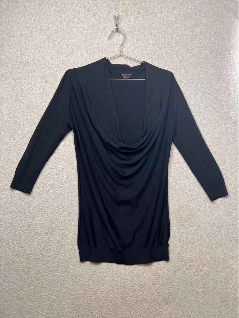 Theory Womens S/P Black Cowl Neck Long Sleeve Top Viscose Knit Minimalist Luxury